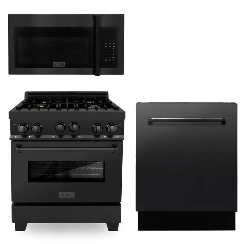 ZLINE 3-Piece Appliance Package - 30-Inch Gas Range with Brass Burners, Over-the-Range Microwave/Vent Hood Combo, and 3-Rack Dishwasher in Black Stainless Steel (3KP-RGBOTRH30-DWV)