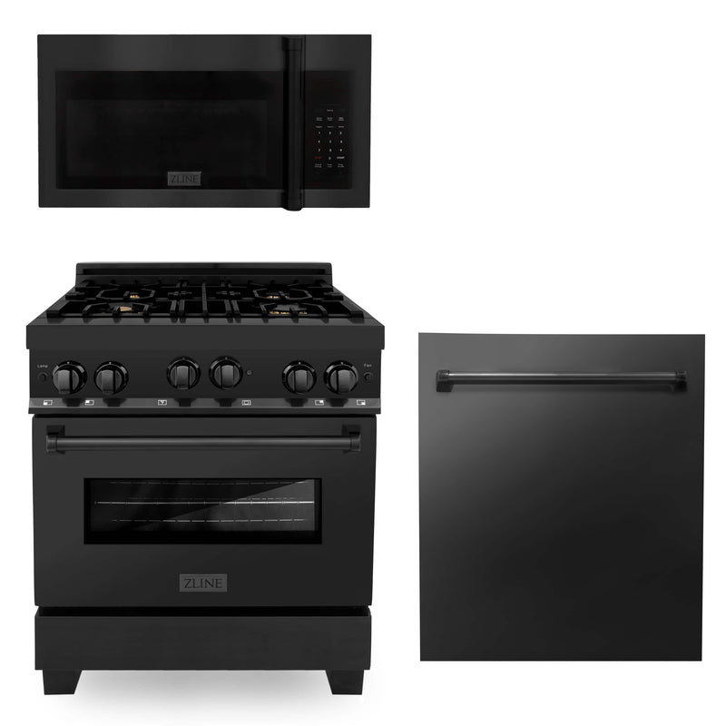 ZLINE 3-Piece Appliance Package - 30-Inch Gas Range with Brass Burners, Over-the-Range Microwave/Vent Hood Combo, and Dishwasher in Black Stainless Steel (3KP-RGBOTRH30-DW)