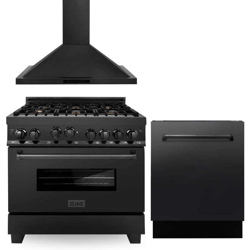 ZLINE 3-Piece Appliance Package - 36-Inch Gas Range with Brass Burners, Convertible Wall Mount Hood, and 3-Rack Dishwasher in Black Stainless Steel (3KP-RGBRH36-DWV)