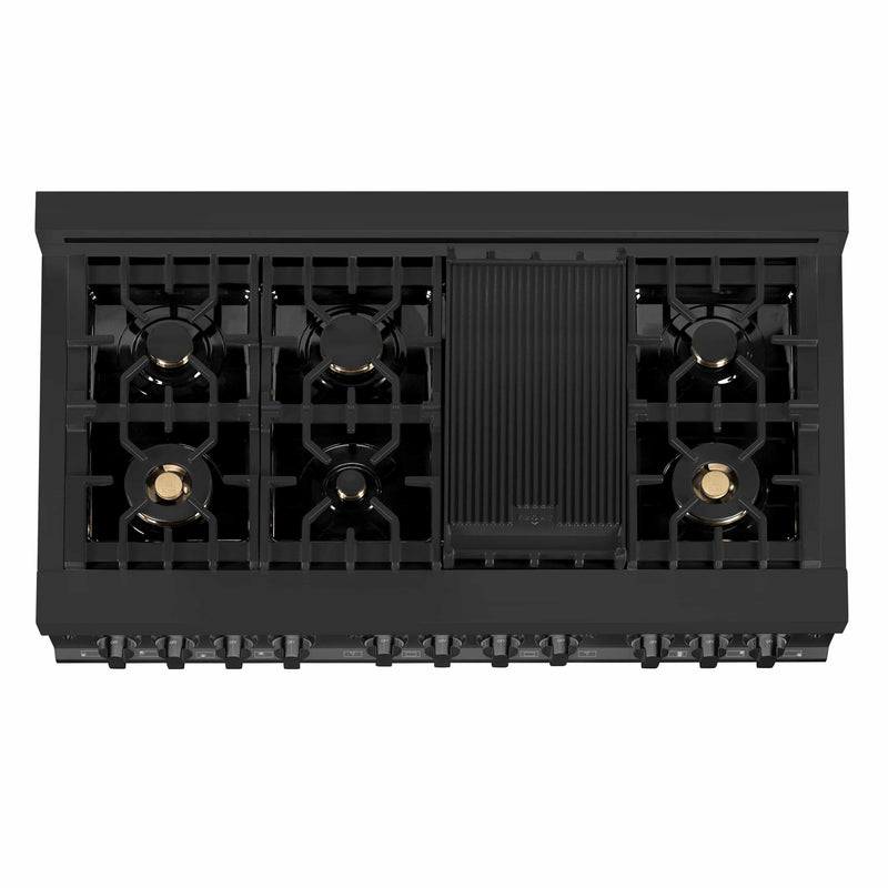ZLINE 3-Piece Appliance Package - 48-Inch Dual Fuel Range with Brass Burners, Convertible Wall Mount Hood, and 3-Rack Dishwasher in Black Stainless Steel (3KP-RABRH48-DWV)