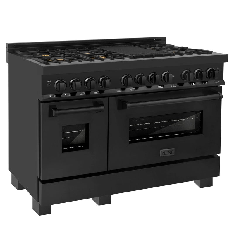 ZLINE 3-Piece Appliance Package - 48-inch Dual Fuel Range with Brass Burners, Microwave Drawer & Premium Hood in Black Stainless Steel (3KP-RABRH48-MW)