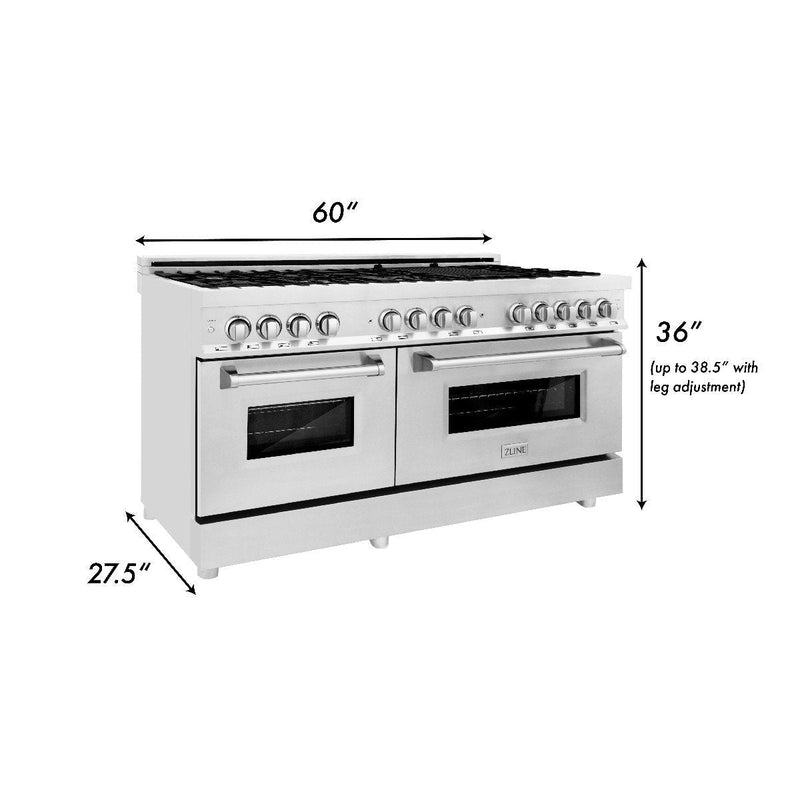 ZLINE 3-Piece Appliance Package - 60-inch Dual Fuel Range, Microwave Oven, & Wall Mount Hood in Stainless Steel (3KP-RARHMWO-60)