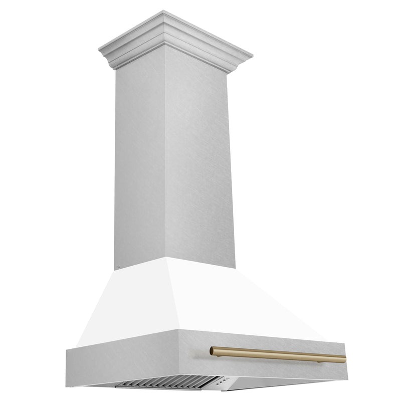 ZLINE 30-Inch Autograph Edition Wall Mount Range Hood in DuraSnow Stainless Steel with White Matte Shell and Champagne Bronze Handle (8654SNZ-WM30-CB)