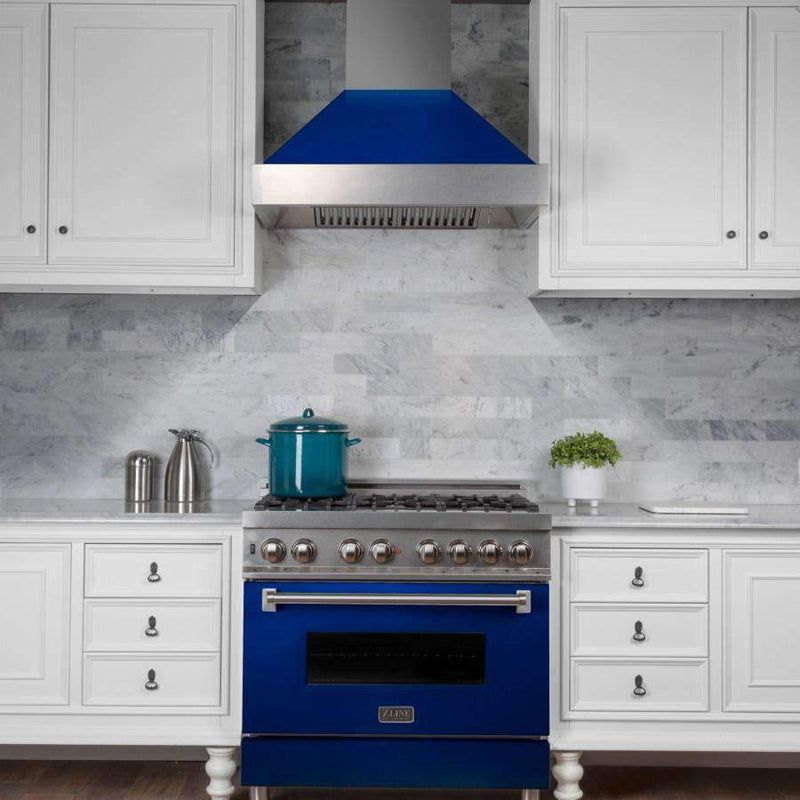 ZLINE 30-Inch Ducted DuraSnow Stainless Steel Wall Mount Range Hood with Blue Gloss Shell (8654BG-30)