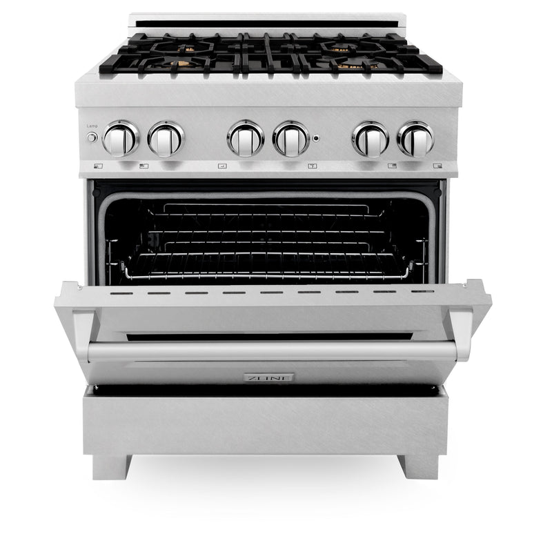 ZLINE 30-Inch Professional 4.0 Cu. Ft. 4 Dual Fuel Range In DuraSnow Stainless Steel With Brass Burners (RAS-SN-BR-30)