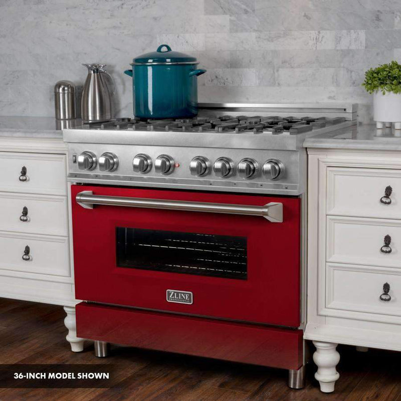 ZLINE 30-Inch Professional Dual Fuel Range in DuraSnow Stainless with Red Gloss Door (RAS-RG-30)