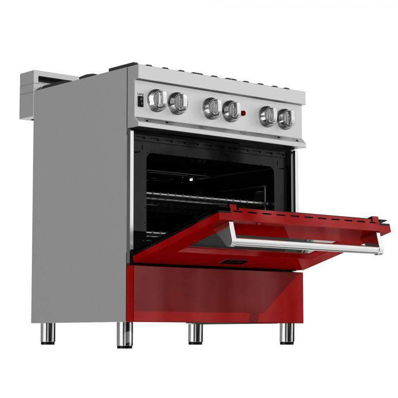 ZLINE 30-Inch Professional Dual Fuel Range in DuraSnow Stainless with Red Gloss Door (RAS-RG-30)