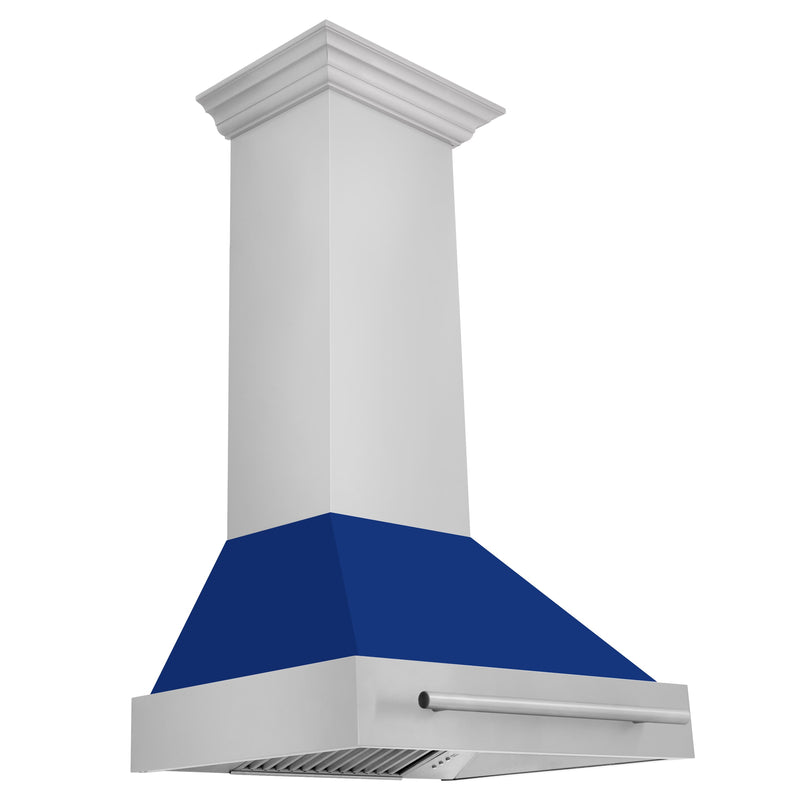 ZLINE 30-Inch Wall Mount Range Hood in Stainless Steel with Blue Gloss Shell and Stainless Steel Handle (8654STX-BG-30)