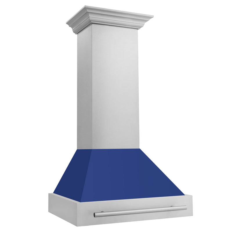 ZLINE 30-Inch Wall Mount Range Hood in Stainless Steel with Blue Matte Shell and Stainless Steel Handle (8654STX-BM-30)
