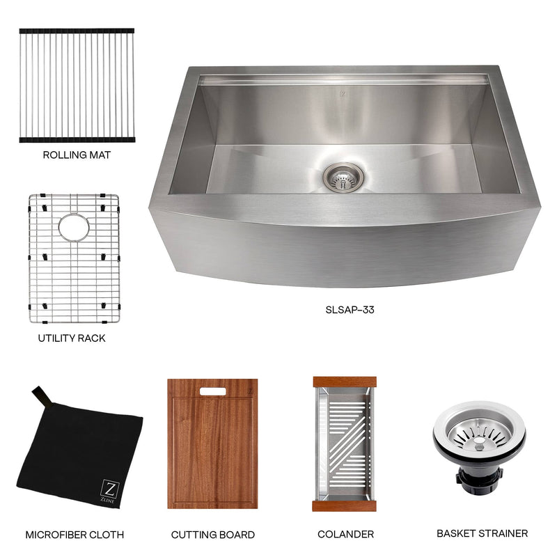 ZLINE 33-Inch Moritz Farmhouse Apron Mount Single Bowl Stainless Steel Kitchen Sink with Bottom Grid and Accessories (SLSAP-33)
