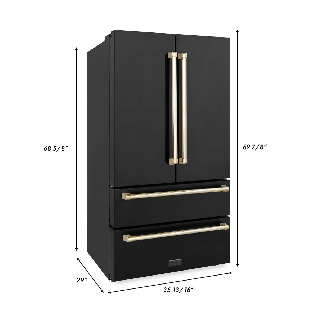 ZLINE 36" Autograph Edition 22.5 cu. ft Freestanding French Door Refrigerator with Ice Maker in Fingerprint Resistant Black Stainless Steel with Accents