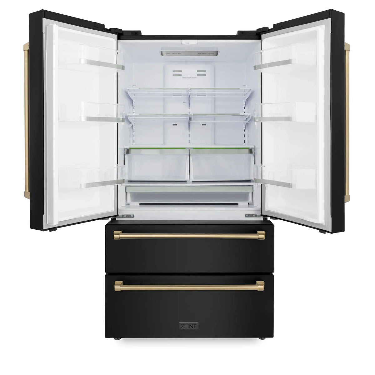 ZLINE 36" Autograph Edition 22.5 cu. ft Freestanding French Door Refrigerator with Ice Maker in Fingerprint Resistant Black Stainless Steel with Accents