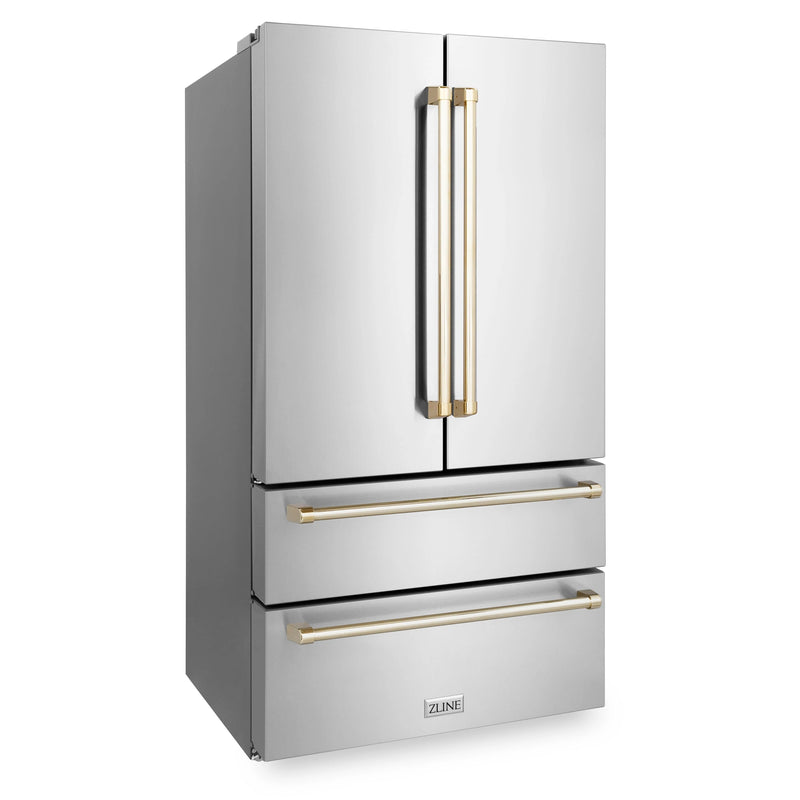ZLINE Autograph Edition 4-Piece Appliance Package - 36-Inch Gas Range, Refrigerator, Wall Mounted Range Hood, & 24-Inch Tall Tub Dishwasher in Stainless Steel with Gold Trim (4KAPR-RGRHDWM36-G)
