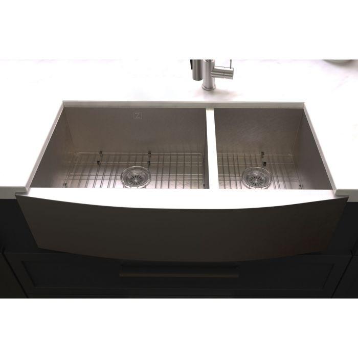 ZLINE 36-Inch Courchevel Farmhouse Apron Mount Double Bowl Fingerprint Resistant Stainless Steel Kitchen Sink with Bottom Grid (SA60D-36S)