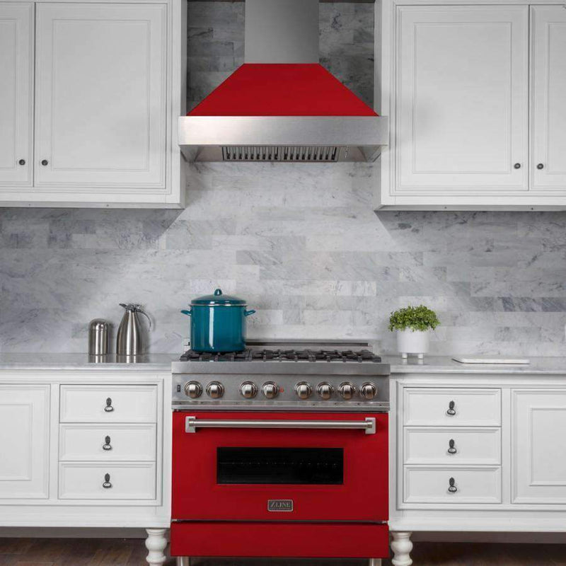 ZLINE 36-Inch Ducted DuraSnow Stainless Steel Wall Mount Range Hood with Red Matte Shell (8654RM-36)