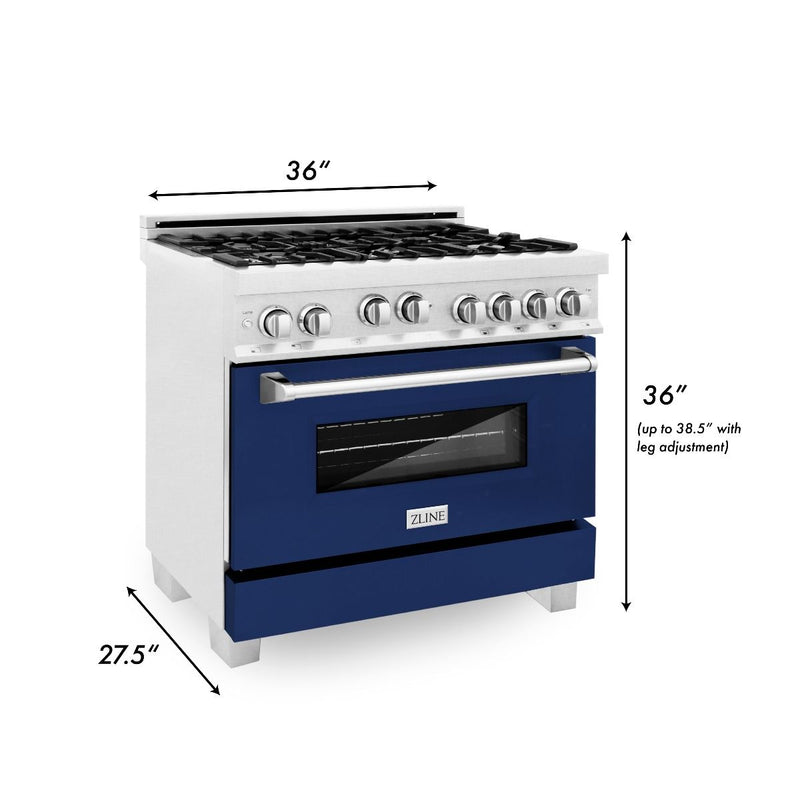 ZLINE 36-Inch Professional 4.6 Cu. Ft. 4 Gas On Gas Range In DuraSnow® Stainless Steel With Blue Gloss Door (RGS-BG-36)