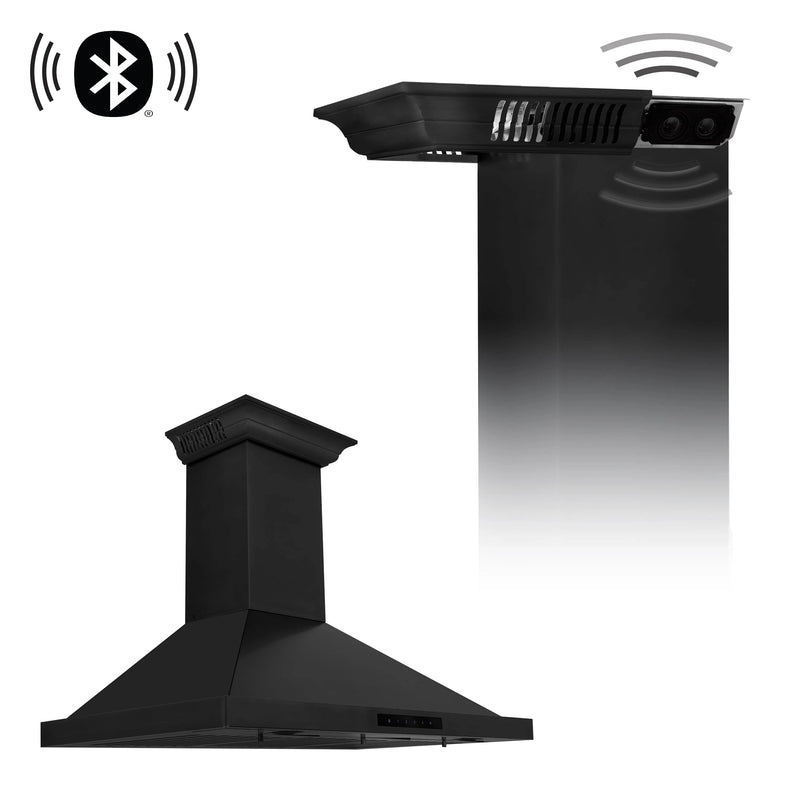 ZLINE 36-Inch Wall Mount Range Hood in Black Stainless Steel with Built-in CrownSound Bluetooth Speakers (BSKBNCRN-BT-36)
