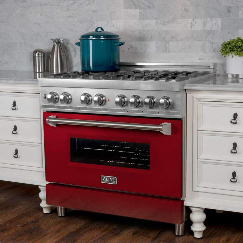 ZLINE 36-Inch Dual Fuel Range, Gas Cooktop and Electric Oven, in DuraSnow Stainless with Red Gloss Door (RAS-RG-36)