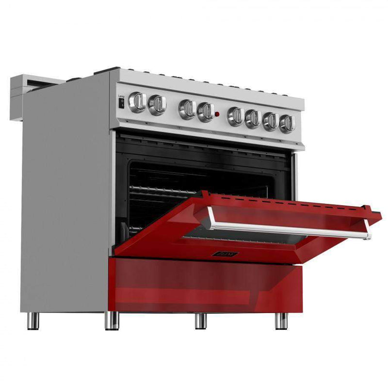 ZLINE 36-Inch Dual Fuel Range, Gas Cooktop and Electric Oven, in DuraSnow Stainless with Red Gloss Door (RAS-RG-36)