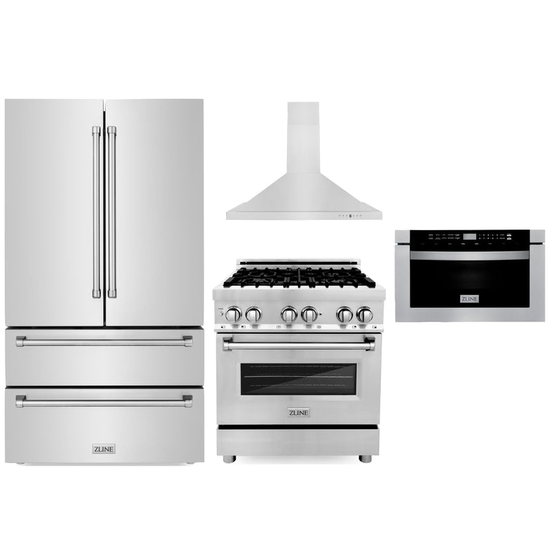 ZLINE 4-Piece Appliance Package - 30-Inch Dual Fuel Range, Refrigerator, Convertible Wall Mount Hood, and Microwave Drawer in Stainless Steel (4KPR-RARH30-MW)