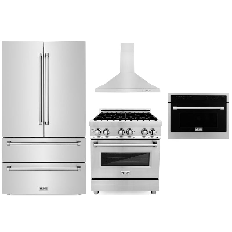 ZLINE 4-Piece Appliance Package - 30-Inch Dual Fuel Range, Refrigerator, Convertible Wall Mount Hood, and Microwave Oven in Stainless Steel (4KPR-RARH30-MO)