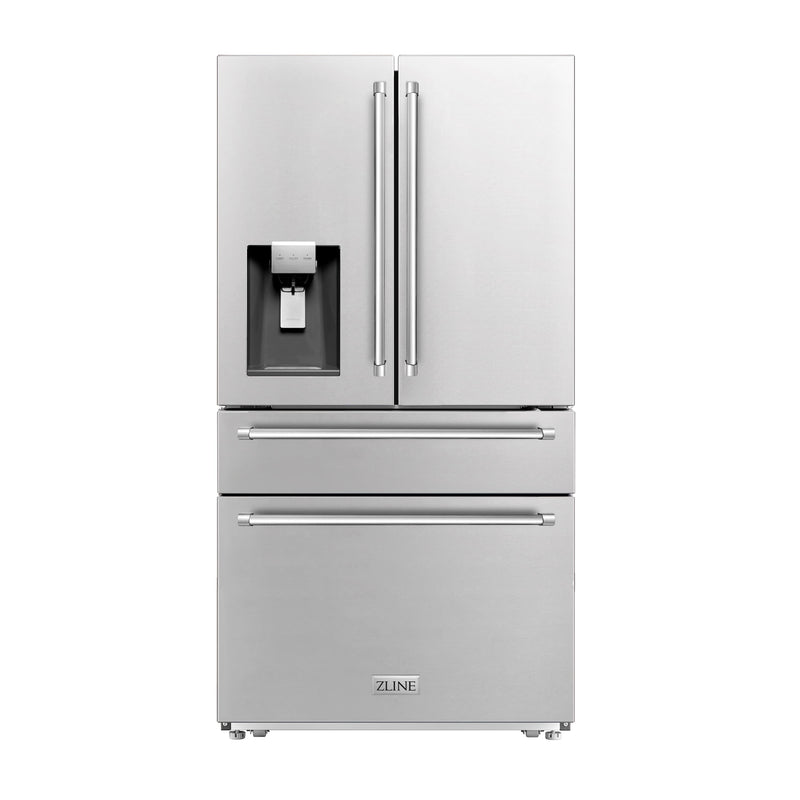 ZLINE 4-Piece Appliance Package - 30-Inch Dual Fuel Range, Refrigerator with Water Dispenser, Convertible Wall Mount Hood, and Microwave Drawer in Stainless Steel (4KPRW-RARH30-MWD)