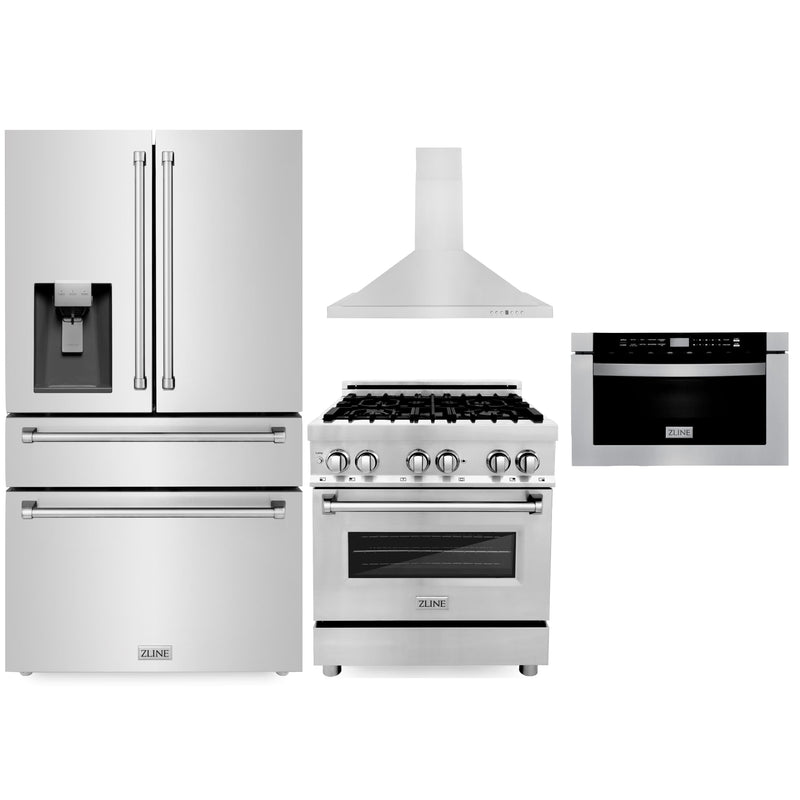 ZLINE 4-Piece Appliance Package - 30-Inch Dual Fuel Range, Refrigerator with Water Dispenser, Convertible Wall Mount Hood, and Microwave Drawer in Stainless Steel (4KPRW-RARH30-MWD)