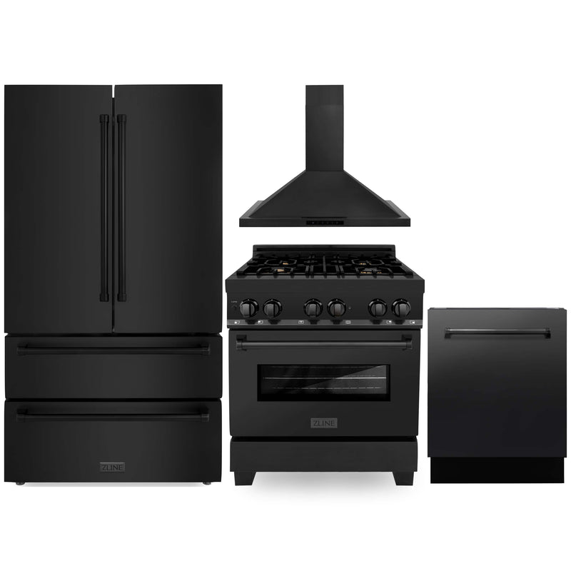 ZLINE 4-Piece Appliance Package - 30-Inch Dual Fuel Range with Brass Burners, Refrigerator, Convertible Wall Mount Hood, and 3-Rack Dishwasher in Black Stainless Steel (4KPR-RABRH30-DWV)