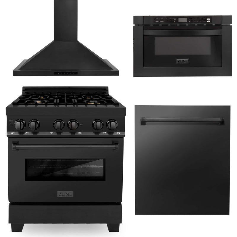 ZLINE 4-Piece Appliance Package - 30-Inch Dual Fuel Range with Brass Burners, Microwave Drawer, Dishwasher & Convertible Wall Mount Range Hood in Black Stainless Steel (4KP-RABRH30-MWDW)