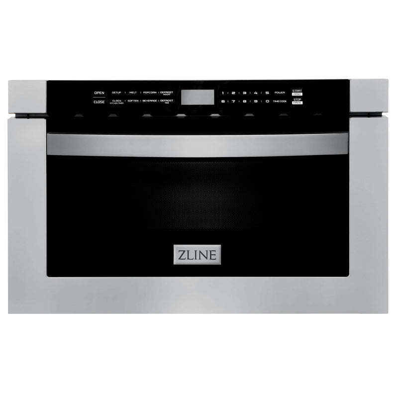 ZLINE 4-Piece Appliance Package - 30-Inch Gas Range, Refrigerator, Convertible Wall Mount Hood, and Microwave Drawer in Stainless Steel (4KPR-RGRH30-MW)