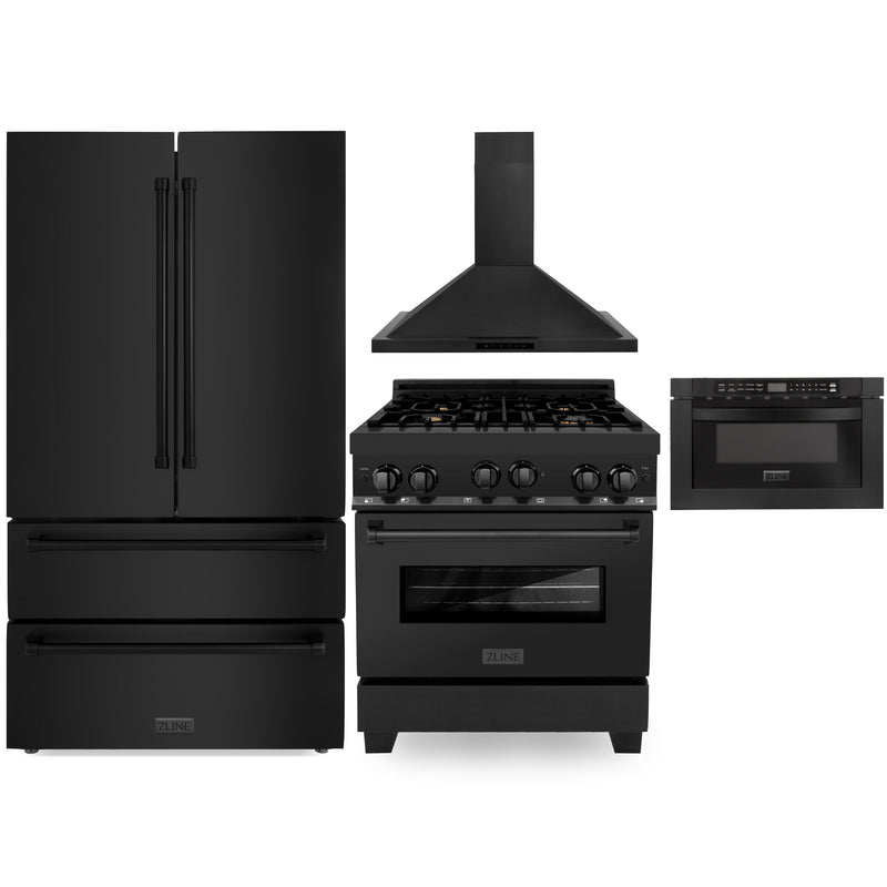 ZLINE 4-Piece Appliance Package - 30-Inch Gas Range with Brass Burners, Refrigerator, Convertible Wall Mount Hood, and Microwave Drawer in Black Stainless Steel (4KPR-RGBRH30-MW)