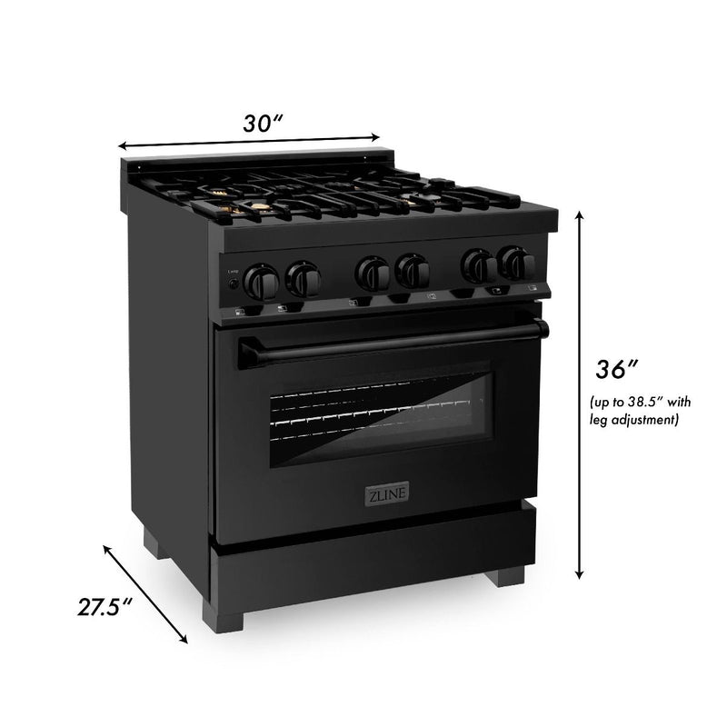 ZLINE 4-Piece Appliance Package - 30-Inch Gas Range with Brass Burners, Refrigerator with Water Dispenser, Convertible Wall Mount Hood, and 3-Rack Dishwasher in Black Stainless Steel (4KPRW-RGBRH30-DWV)