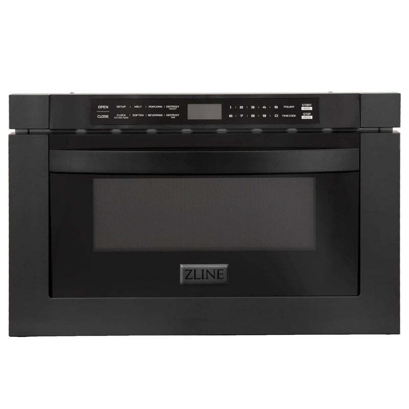 ZLINE 4-Piece Appliance Package - 30-Inch Gas Range with Brass Burners, Microwave Drawer, Wall Mount Hood, and 3-Rack Dishwasher in Black Stainless Steel (4KP-RGBRH30-MWDWV)