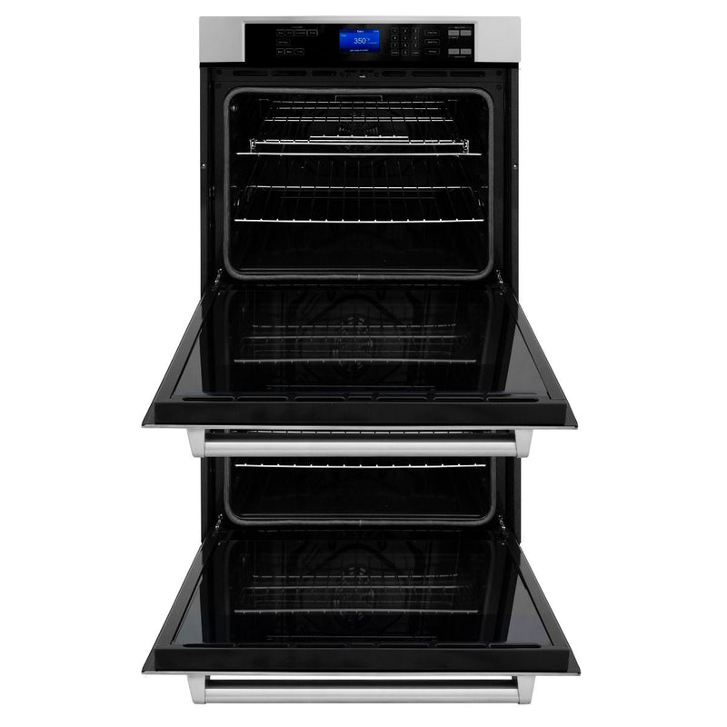 ZLINE 4-Piece Appliance Package - 30-Inch Rangetop, 30” Double Wall Oven, 36” Refrigerator, and Convertible Wall Mount Hood in Stainless Steel (4KPR-RTRH30-AWD)