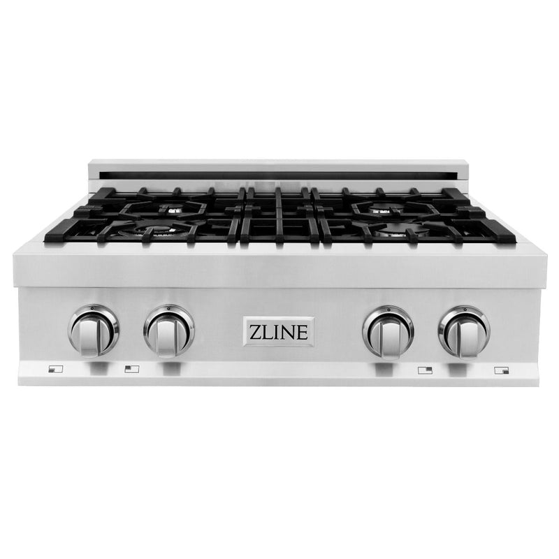 ZLINE 4-Piece Appliance Package - 30-Inch Rangetop, 30” Double Wall Oven, 36” Refrigerator, and Convertible Wall Mount Hood in Stainless Steel (4KPR-RTRH30-AWD)