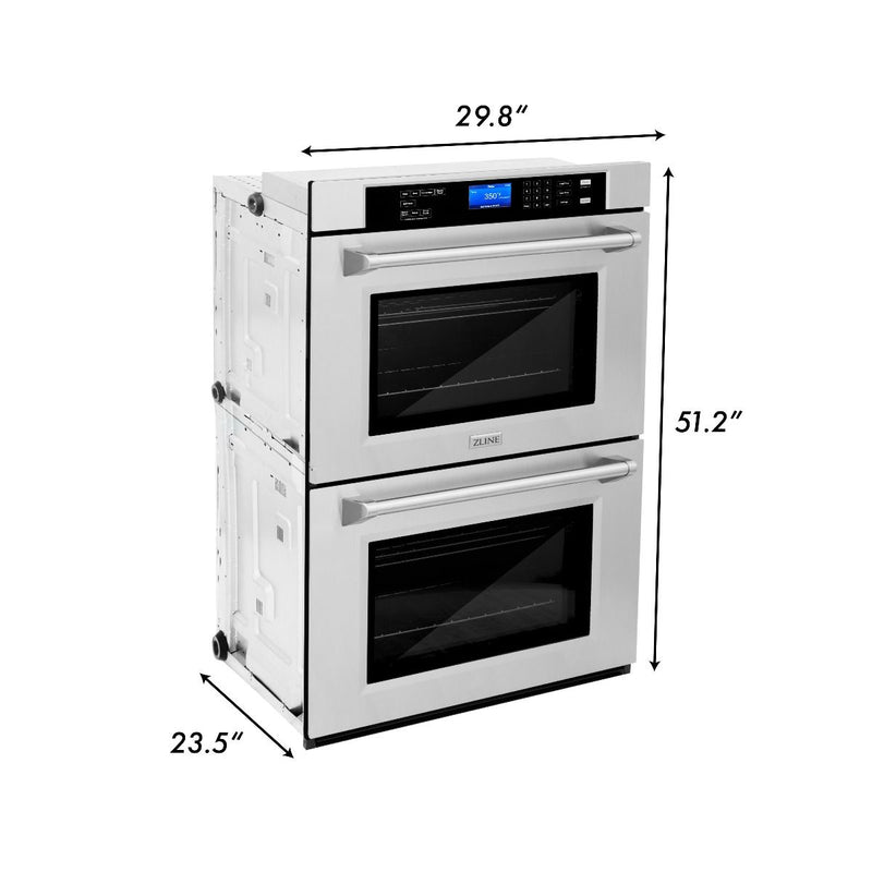ZLINE 4-Piece Appliance Package - 30-Inch Rangetop, 30” Double Wall Oven, 36” Refrigerator with Water Dispenser, and Convertible Wall Mount Hood in Stainless Steel (4KPRW-RTRH30-AWD)