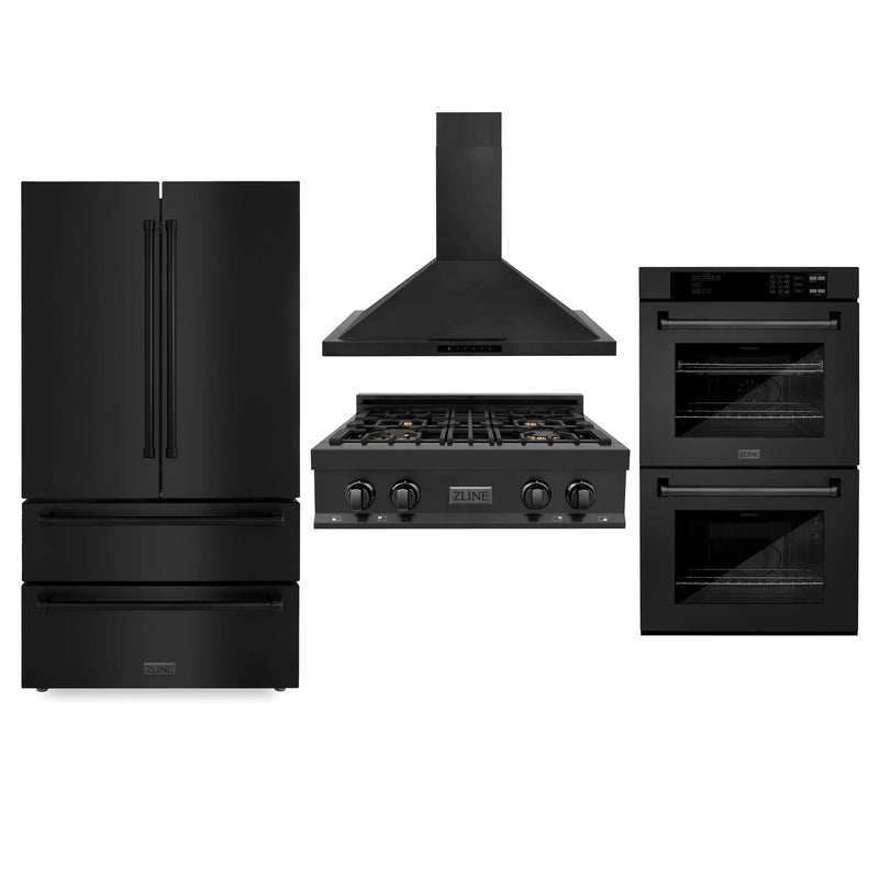 ZLINE 4-Piece Appliance Package - 30-Inch Rangetop with Brass Burners, Refrigerator, 30-Inch Electric Double Wall Oven, and Convertible Wall Mount Hood in Black Stainless Steel (4KPR-RTBRH30-AWD)