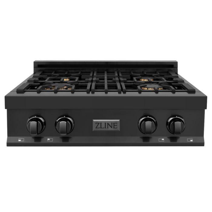 ZLINE 4-Piece Appliance Package - 30-Inch Rangetop with Brass Burners, Refrigerator, 30-Inch Electric Wall Oven, and Convertible Wall Mount Hood in Black Stainless Steel (4KPR-RTBRH30-AWS)
