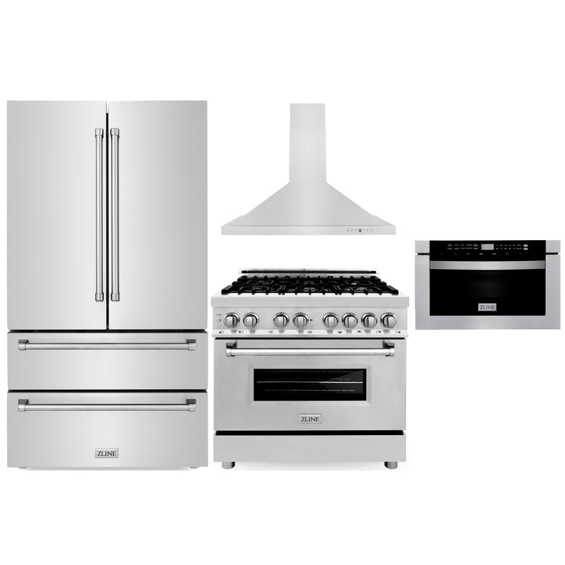 ZLINE 4-Piece Appliance Package - 36-Inch Dual Fuel Range, Refrigerator, Convertible Wall Mount Hood, and Microwave Drawer in Stainless Steel (4KPR-RARH36-MW)