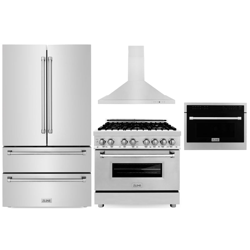 ZLINE 4-Piece Appliance Package - 36-Inch Dual Fuel Range, Refrigerator, Convertible Wall Mount Hood, and Microwave Oven in Stainless Steel (4KPR-RARH36-MO)
