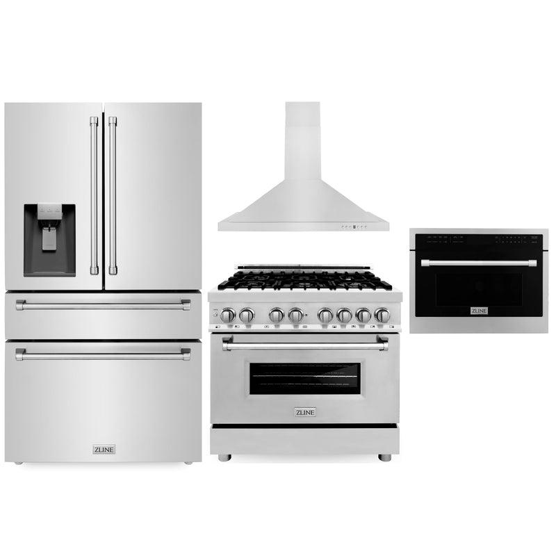 ZLINE 4-Piece Appliance Package - 36-Inch Dual Fuel Range, Refrigerator with Water Dispenser, Convertible Wall Mount Hood, and Microwave Oven in Stainless Steel (4KPRW-RARH36-MWO)