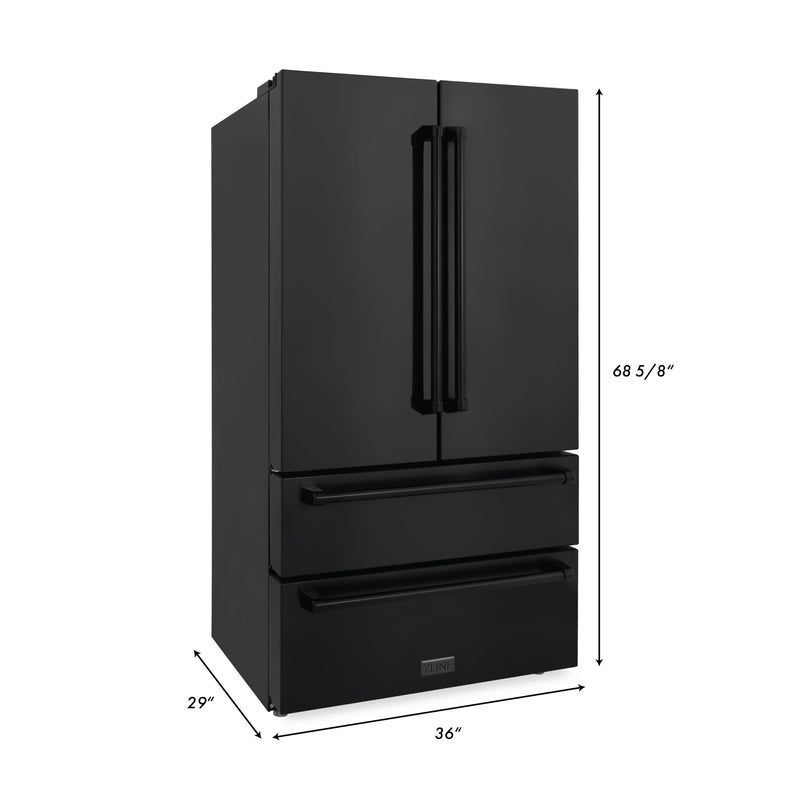 ZLINE 4-Piece Appliance Package - 36-Inch Dual Fuel Range with Brass Burners, Refrigerator, Convertible Wall Mount Hood, and Microwave Drawer in Black Stainless Steel (4KPR-RABRH36-MW)