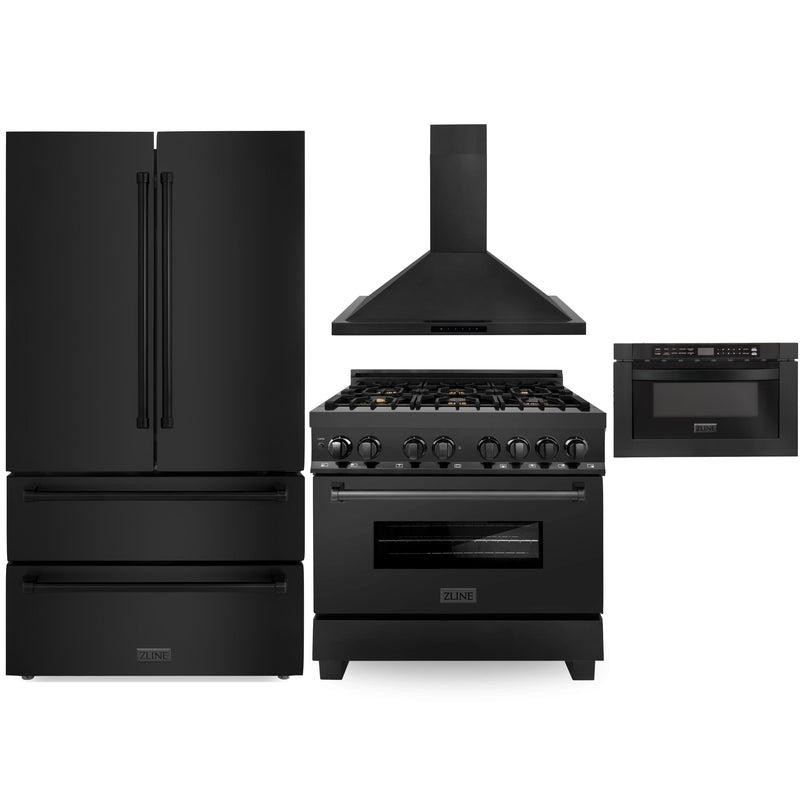 ZLINE 4-Piece Appliance Package - 36-Inch Dual Fuel Range with Brass Burners, Refrigerator, Convertible Wall Mount Hood, and Microwave Drawer in Black Stainless Steel (4KPR-RABRH36-MW)