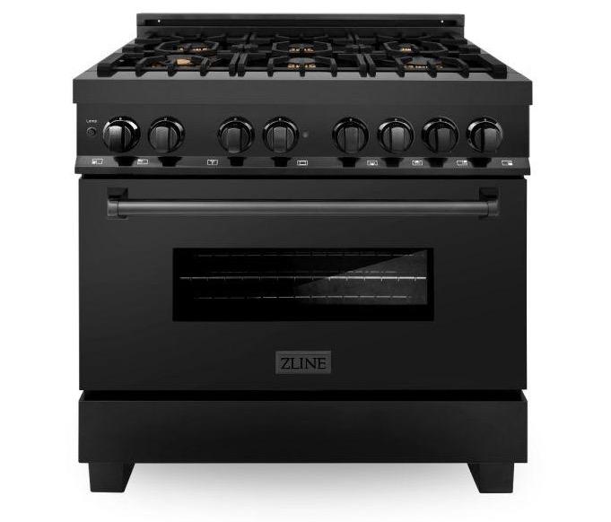 ZLINE 4-Piece Appliance Package - 36-Inch Dual Fuel Range with Brass Burners, Refrigerator, Convertible Wall Mount Hood, and Microwave Oven in Black Stainless Steel (4KPR-RABRH36-MWO)