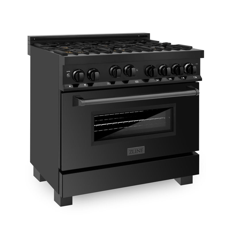 ZLINE 4-Piece Appliance Package - 36-Inch Gas Range with Brass Burners, Convertible Wall Mount Hood, Microwave Oven, and 3-Rack Dishwasher in Black Stainless Steel (4KP-RGBRH36-MODWV)