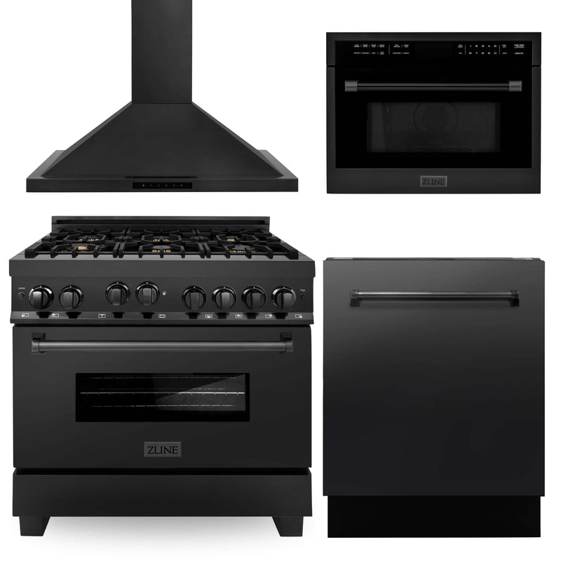 ZLINE 4-Piece Appliance Package - 36-Inch Gas Range with Brass Burners, Convertible Wall Mount Hood, Microwave Oven, and 3-Rack Dishwasher in Black Stainless Steel (4KP-RGBRH36-MODWV)