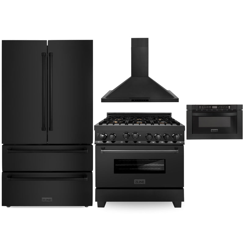 ZLINE 4-Piece Appliance Package - 36-inch Gas Range with Brass Burners, 36-inch Refrigerator, Convertible Wall Mount Hood, and Microwave Drawer in Black Stainless Steel (4KPR-RGBRH36-MW)