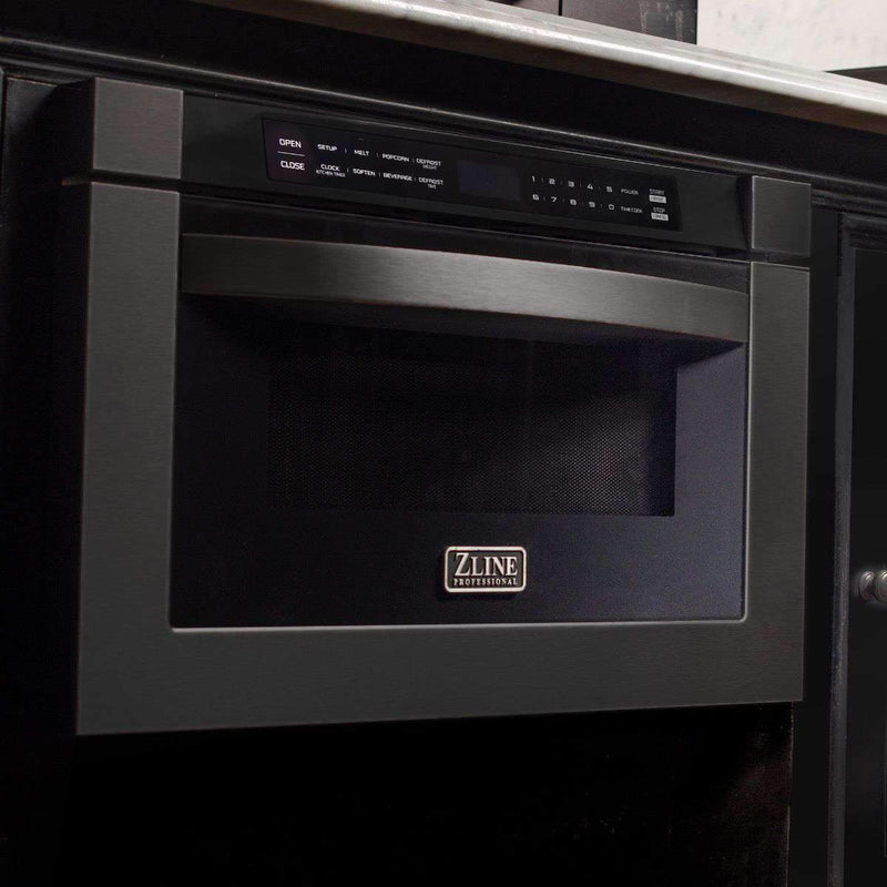 ZLINE 4-Piece Appliance Package - 36-inch Gas Range with Brass Burners, Microwave Drawer, 3-Rack Dishwasher, & Convertible Wall Mount Range Hood in Black Stainless Steel (4KP-RGBRH36-MWDWV)
