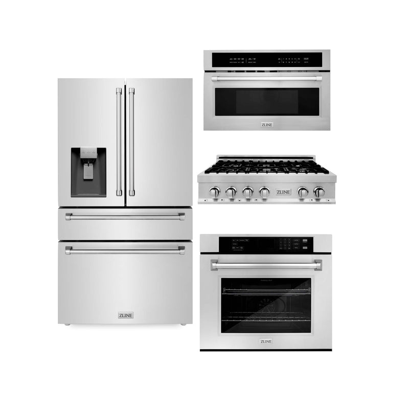 ZLINE 4-Piece Appliance Package - 36-Inch Rangetop, 30” Wall Oven, 36” Refrigerator with Water Dispenser, and Microwave Oven in Stainless Steel (4KPRW-RT36-MWAWS)