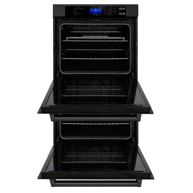 ZLINE 4-Piece Appliance Package - 36-Inch Rangetop with Brass Burners, Refrigerator, 30-Inch Electric Double Wall Oven, and Convertible Wall Mount Hood in Black Stainless Steel (4KPR-RTBRH36-AWD)